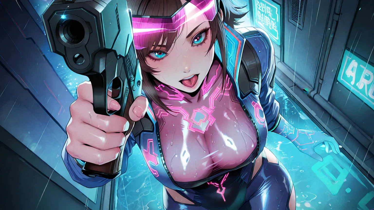 a close up of a woman in a blue bodysuit holding a gun, cutesexyrobutts, oppai cyberpunk, alena aenami and artgerm, cyberpunk angry gorgeous goddess, as a retro futuristic heroine, an imperial agent from star wars, cute cyborg girl, wojtek fus, extremely detailed artgerm, cgsociety masterpiece, perfect android girl