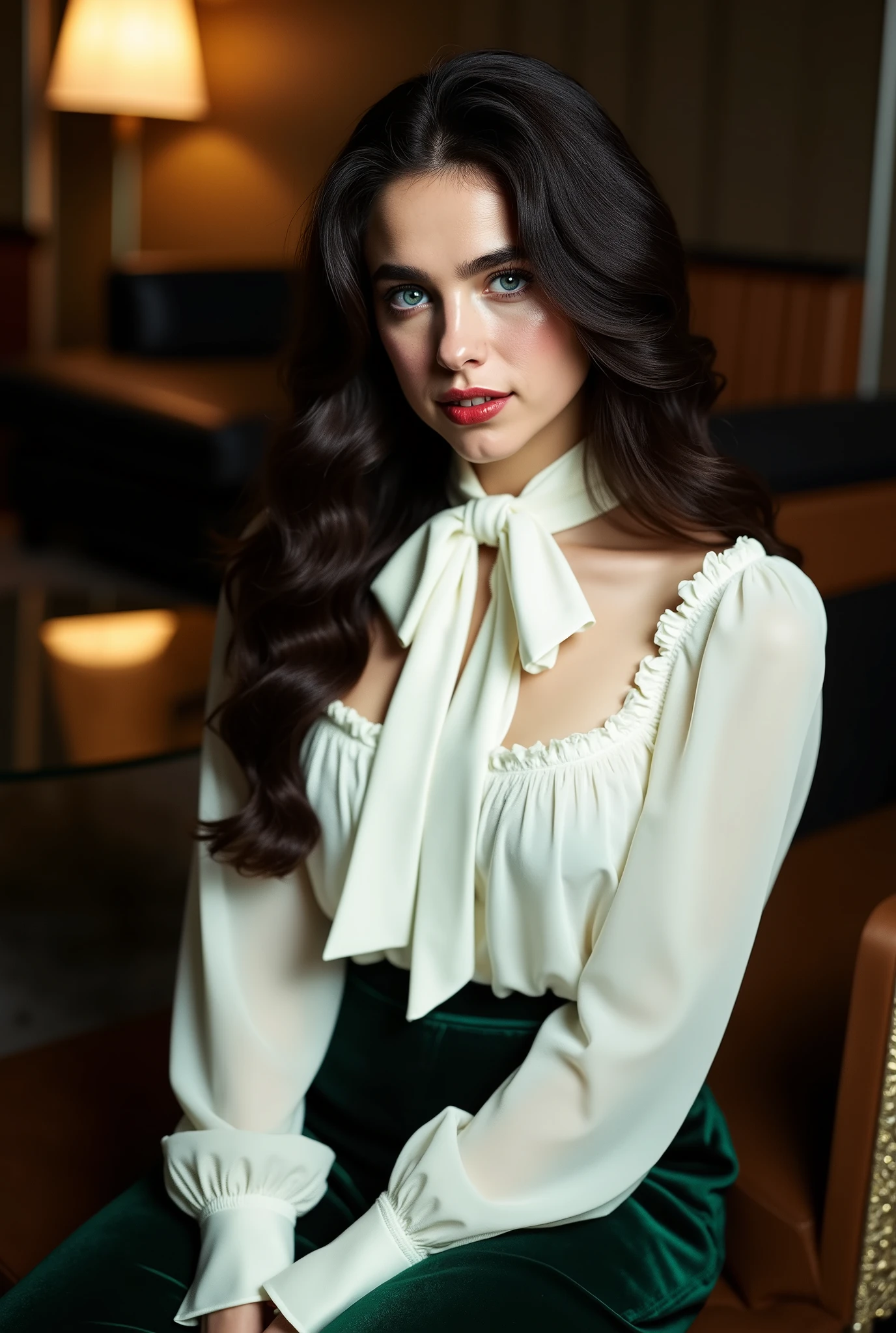 Photorealistic portrait of a stunning young Caucasian woman in her early twenties, seated in a luxurious hotel suite at night. She has a symmetrical face with a high forehead, piercing blue eyes, full lips, and thick natural brunette eyebrows. Her hair is long, dark brown, and naturally curly, styled to frame her face in soft, voluminous waves. She wears a high-neck white long-sleeve blouse with a flounced front and a graceful bow tie — modest and elegant, with no open neckline or décolletage. She pairs it with dark green velvet pants that are light, soft, and elegantly tailored — avoiding any heavy or bulky appearance. Her makeup is subtle and refined, and her nails are painted a classic red.
She sits confidently, body angled slightly away from the viewer, with her face turned toward the camera only partially. Her eyes cut sharply to the side — a direct, condescending side-eye, full of confidence, amusement, and subtle dominance. She is composed and poised, as if playing a quiet power game. Her expression is unreadable, cool, and slightly amused — like she knows something the viewer doesn't.
The mood is cinematic and intimate. The setting is a luxurious hotel suite with dark, upscale furnishings and warm ambient lighting. The composition features a visually engaging pose that enhances her psychological presence and magnetic charisma.