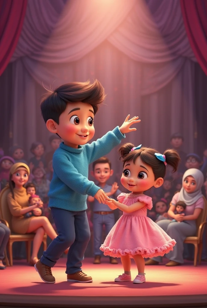Imagine a vibrant and playful cartoon scene: Sammy and Grandma Rosie are depicted in a charming clay animation style, full of bright colors and whimsical details.
In the foreground, Sammy is a small, cheerful boy with a wide, excited smile. He’s dressed in a shiny blue outfit with sparkly shoes that gleam under the stage lights. His arms are lifted mid-twirl, and his feet are caught in a lively dance step, showing off his enthusiasm and energy. His eyes are wide with joy, and his cheeks are flushed with excitement.
Beside him, Grandma Rosie is a kind, supportive figure with a warm, encouraging smile. She’s wearing a colorful dress with floral patterns and comfortable shoes, ready to cheer on her grandson. Her arms are outstretched in applause, and her eyes twinkle with pride. Her clay figure has a touch of silver hair and glasses that add to her wise and caring appearance.
In the background, the stage is set with a whimsical backdrop of stars and musical notes, capturing the fun and magical atmosphere of the contest. There’s a sense of movement and excitement in the air, with animated, playful stage lights and an audience of colorful, cheering characters.
This clay-mode photograph captures the joy of dancing and the loving support between Sammy and Grandma Rosie, highlighting the special bond they share and the fun of their big dance adventure.