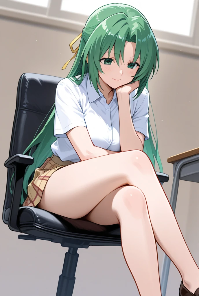 green long hair，White slim fit shirt，black short skirt，black lence stockings，without wearing shoes，sitting on office chair，Hold your cheek with one hand，looking at viewert