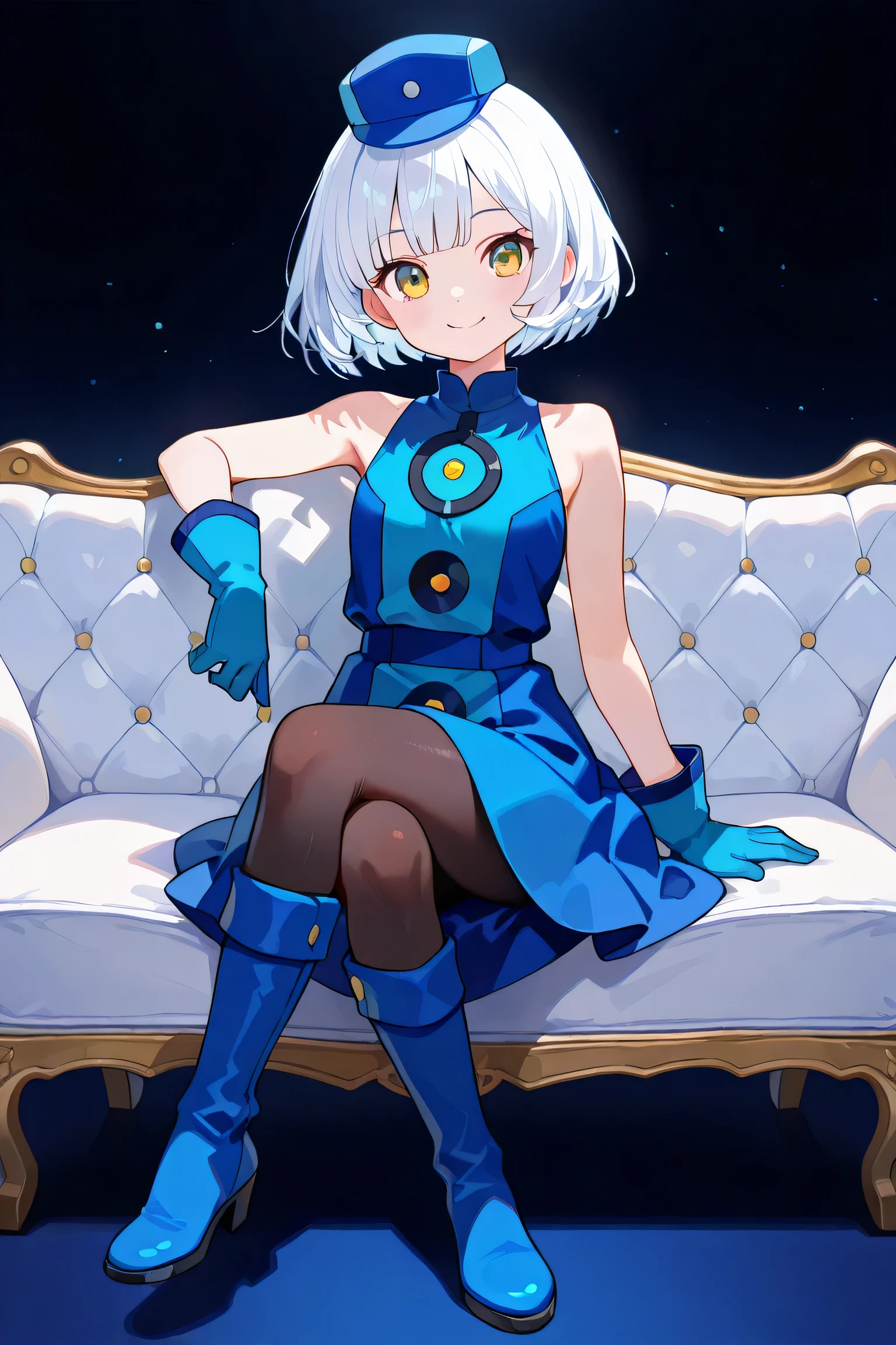 masterpiece, best quality, newest, full body, solo, 1girl, eliz4beth, smile, looking at viewer, sitting, couch, arm rest, crossed legs, short hair, white hair, bob cut, blue headwear, hat, yellow eyes, blue dress, sleeveless dress, blue gloves, black pantyhose, blue footwear, knee boots, bare shoulders, blue theme, dark background