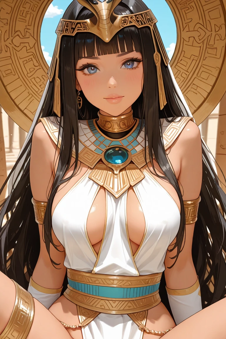 Cleopatra from Egypt blue eyes evil face she is beautiful she has big breasts Egyptian outfits on her face white skin rosy nose short black hair hand on mouth sexy looks desudor perfect smile caressing with rings and holding grapes