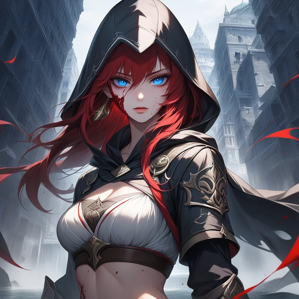 In the realm of 2D Final Fantasy style art, a masterpiece unfolds before us, showcasing a legendary heroine unlike any other. With superb digital quality at its best, this pixelated cartoon character comes to life as a berserker half-vampire woman, embodying the essence of an RPG character.

Her vibrant red hair cascades down her back, contrasting dramatically with the dark shadows cast by her tanned skin and Black cape and hood that covers her head. A single, piercing red eye glows ominously from beneath a thick bandage, speaking to her otherworldly nature.

Bandages adorn her face, adding to