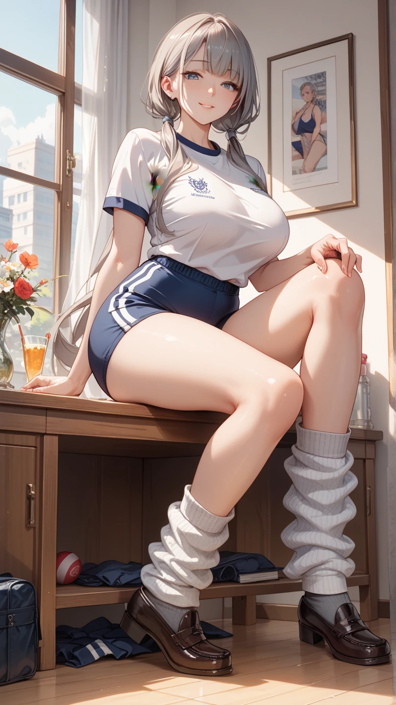 A Beautiful girl, in sport shirt, big chest, hot expression, clear face, full body, long hair, so tired with many sweat