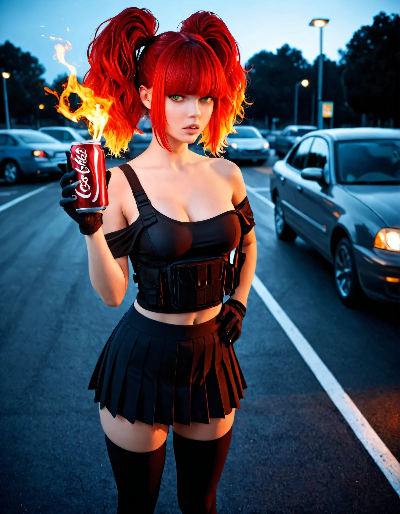masterpiece, absurdres, best quality, newest, ambient lighting, very aesthetic, ultrahd, high contrast, realistic, Detailed hand, Hand, Perfect hand, (Holding a flaming large coca-cola drinking can :1,4) 1girl, solo, breasts, looking at viewer, red_hair, hair over one eye, Veloptous thick afro twintails, thighhighs, gloves, bare shoulders, medium breasts, green eyes, (Rule of Thirds, outdoors,), (parking lot), parted lips, open clothes, blunt bangs, bulletproof vest, off shoulder, pleated_skirt, perfect hands,