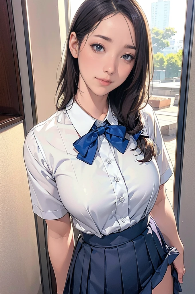 (masterpiece:1.2, Highest quality), (Realistic, photoRealistic:1.4), Beautiful illustrations, (Natural Side Lighting, Cinema Lighting), Written boundary depth, 見る者を見つめるBeautiful thighs, (Face Focus, Upper Body), Front view, 1 Girl, English, high school girl, 15 years old, Perfect Face, Cute symmetrical face, Shiny skin, Random Uniform、
(Random Hairstyles、blonde), Big eyes, long eyelashes chest), thin, expensive、
Beautiful Hair, Beautiful Face, Beautiful and beautiful eyes, Beautiful clavicle, Beautiful body, Beautiful breasts, Beautiful thighs, Beautiful legs, Beautiful fingers,
((High-quality fabric, brown knit vest, Short sleeve white collar shirt, Navy Pleated Skirt, Navy bow tie)),
(Beautiful views), evening, (Inside the flower shop), Are standing, (smile, Superior, Open your mouth), (((Skirt flip, I can see your pants)))