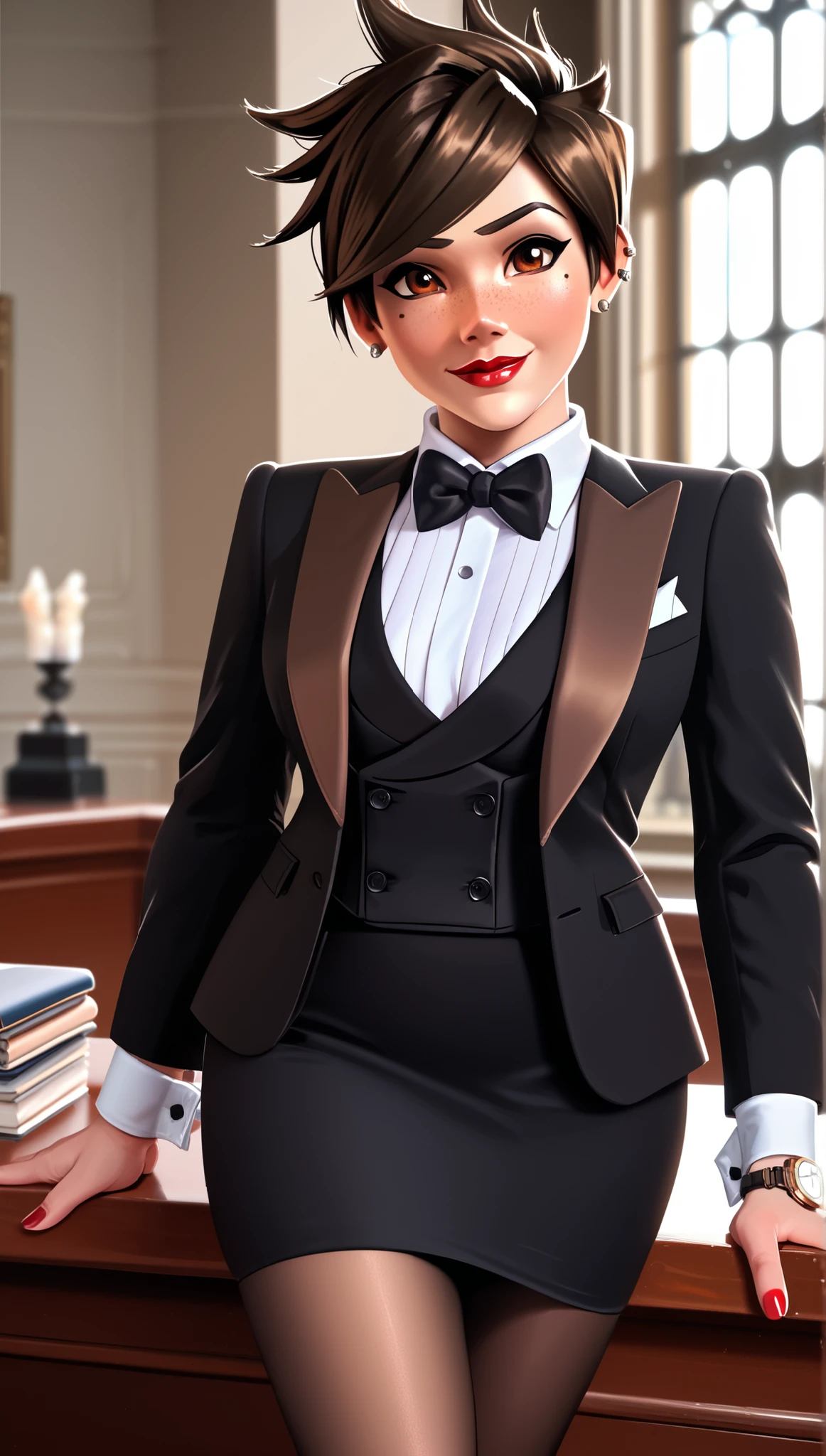score_9, score_8_up, score_7_up, score_6_up, source_anime,  three-piece suit, tracer, 1girl, solo, brown hair, short hair, freckles, smile, pretty, formal, jewelry, tuxedo, large black silk bowtie, earrings, white dinner jacket, shirt, standing, hand on hip, window, watch, wristwatch, black waistcoat, white shirt with black buttons, (((red lipstick))), black skirt, makeup, black pantyhose, cufflinks, bodycon pencil skirt, mini skirt, (((black lapels))), brown eyes, red nails,High Resolution, Blush, white cuffs, hand on desk, shiny clothing, glossy clothing, bedroom eyes, lidded eyes