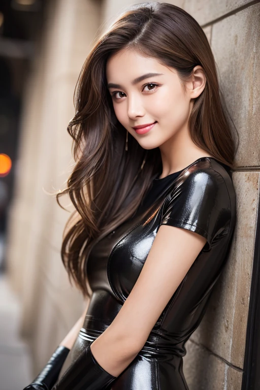 8k,ultra high resolution,quality、masterpiece、hyper hd、(photo realism:1.4)、(1 girl)、(Riding on motorcycle)、long sleeves、(Sexy black and leather racing suit)、(blonde long haired person)、(wet hair)、super detailed human face、highly detailed teeth、red lipstick、circuit、racing bike、's,Plump,filled with eyes,Riding on motorcycle,chest is open,Motorcycle Helmets