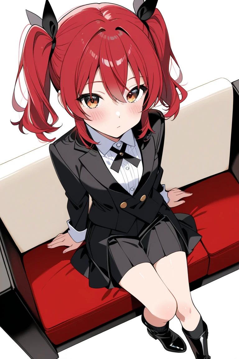 masutepiece, High quality, Best Quality, High resolution, 4K, High Definition, Beautiful lighting,Highly detailed face, well-drawn hands, well-drawn legs,well-drawn feet,well-drawn eyes,1girl in, Short hair, Pink hair, Pink eyes, Yui, Hair bun,sobu highschool uniform, Black Blazer, White shirt, red ribbon plaid skirt, Smiling,Black tights