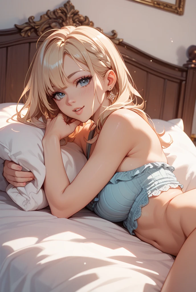 (Best Quality,High resolution,8k,finelity detailed background,Masterpiece:1.2),beautiful girl,Shiny khaki hair,messy hair,Khaki Eyes,Gentle look,A refreshing look,Best quality,Best Quality,Aesthetic and aesthetic:1.2,Best details((Super detailed))(High-definition CG illustrations),White underwear (white,intricate lace),Slender body,Late Night,Moonlit Night,Bedroom,On the bed,smile,blush,cute,Scrounge,Looking up,Being spoiled,super model,on back,shoot from below