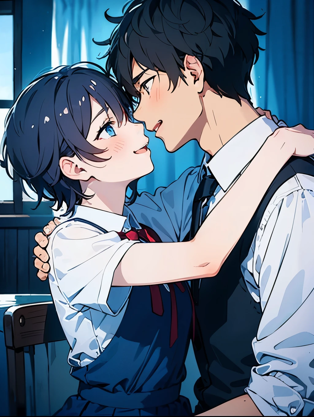 Station ticket gates、A man in a suit groping a schoolgirl's breasts and buttocks、A white shirt that fits her no-bra 、Blue and white striped skirt、Bare legs and leather shoean in white suit