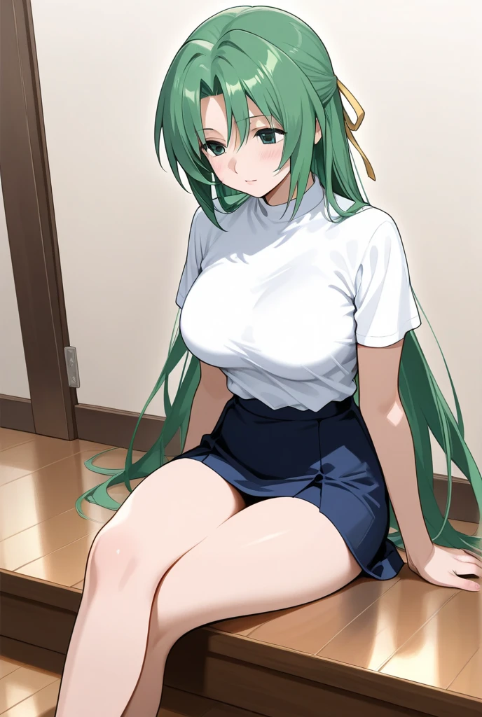 masterpiece, highest quality, become familiar with, wallpaper,
1 girl, alone,
smile,Are standing、Green School Swimsuit、The background is the basement