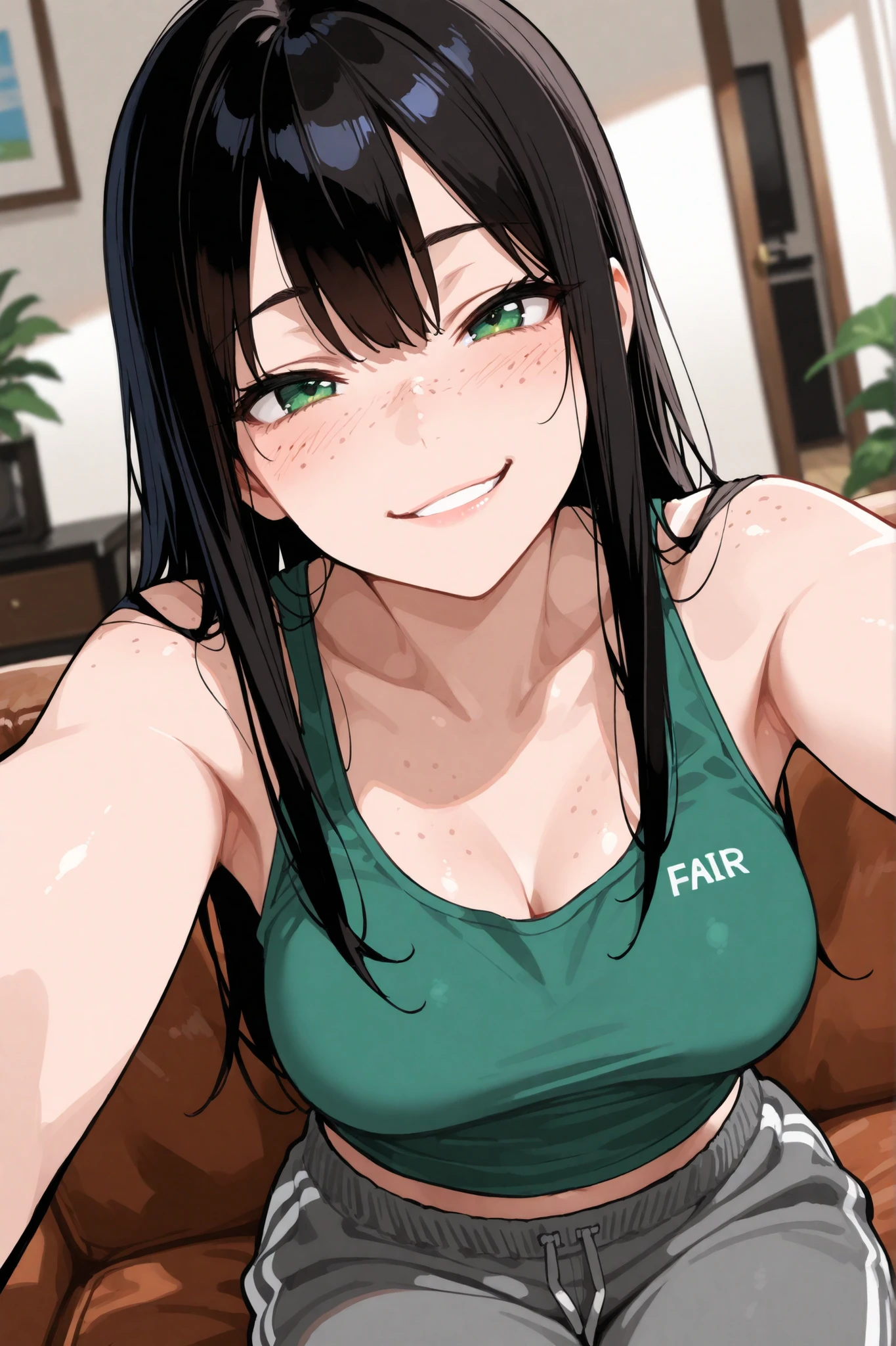 8K quality,(super masterpiece:1.3),Highest quality,Detailed Images,1 female,symmetrical beauty,10th Generation,Medium build,(smile,smile),(Green Hair,Long Hair),(Thick eyebrows,Thick eyebrows),(Droopy eyes,Green Eyes,Green Eyes,Bright Eyes),(Large Breasts,F cupの胸),Tan Skin,(School Swimsuit),(Draw the whole body),(Face directly towards the camera,Looking directly at the viewer,looking at the camera,The body faces the viewer,The body is facing the direction of the camera,Face looking straight into the camera).