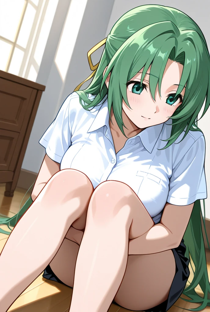 (best quality,masterpiece:1.2),calm,anatomically correct,Japanese girl,dark skin texture,solo,woman,long green hair,pink eyes,no panties,exposed vagina,small breast,exposed breasts,white shirt,open shirt,japanese school uniform,barefoot,on towel,lit by soft morning sunlight,poolside, sitting on a white towe