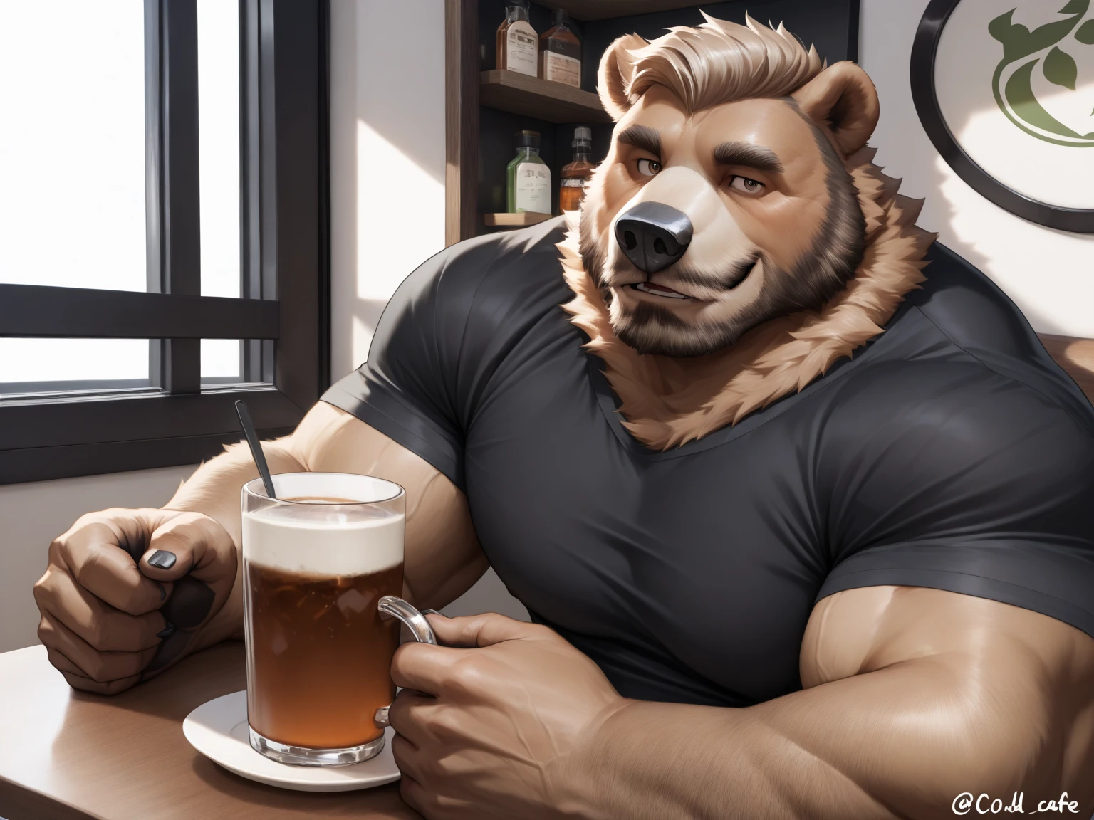 furry, anthro, caramel dog:1.5, solo, average male, naked, standing in a kitchen holding a coffee mug looking slyly at the viewer:1.3, super detailed, detailed face, best art, 8k, vibrant, by taran fiddler:1.8, by RedRusker:1.8, art stile, 3D, halfbody,