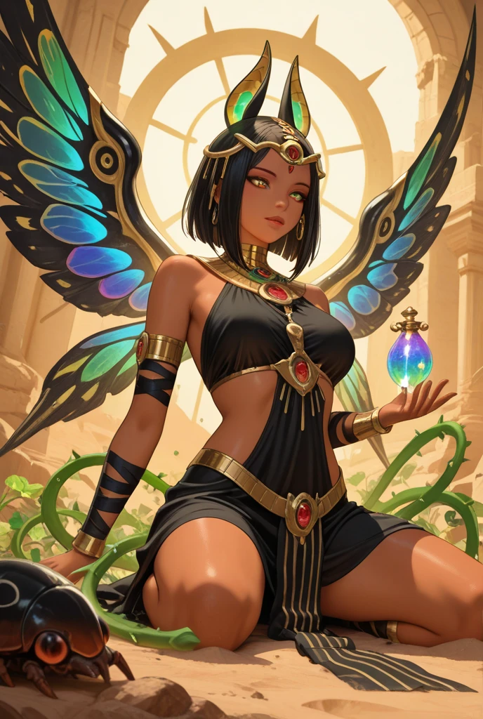 1girl, (dark skin), indian, karma \(league of legends\), green eyes, grin, gorgeous, short hair, purple transparent nightgown, makeup, milf, black hair, large breasts, tight body, standing, cowboy shot, jade dragon wings behind back, golden diadem with emerald gem, at ancient temple