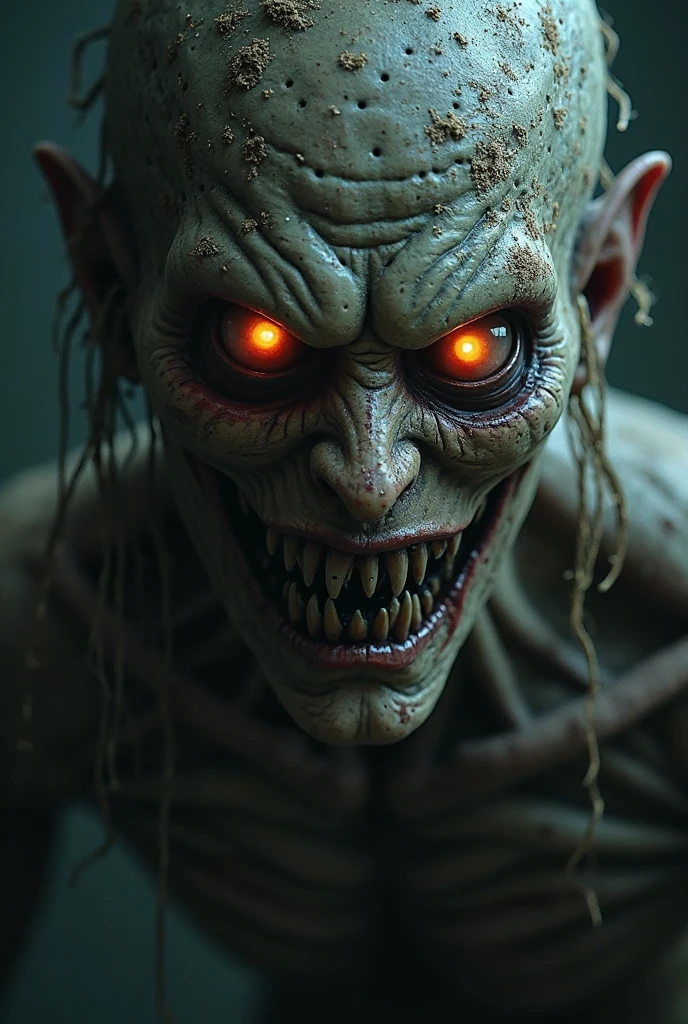 A close-up of a terrifying humanoid creature with glowing eyes and an intense gaze, facial scars, dirty skin, background out of focus, staring directly into the camera — hyper realistic, dark background, suspenseful mood