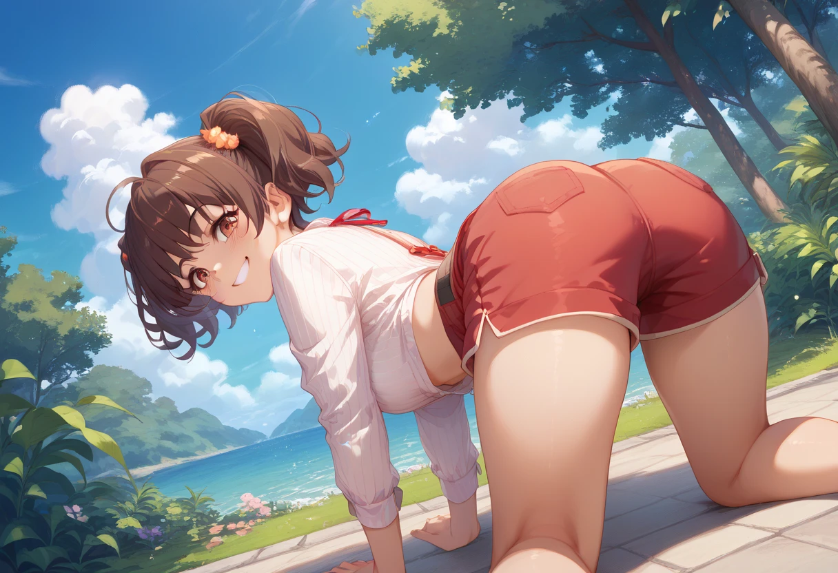 nsfw, (Top quality illustrations:1.2), (1 girl、、Mature), (1 girl、smile、Small breasts、Kind eyes)、Dark brown hair、short hair、Wavy Hair、Curly Hair、Low twin tails、Short pigtails、Summer fashion、one piece、from below, bottomless、no-under-ware、vagina