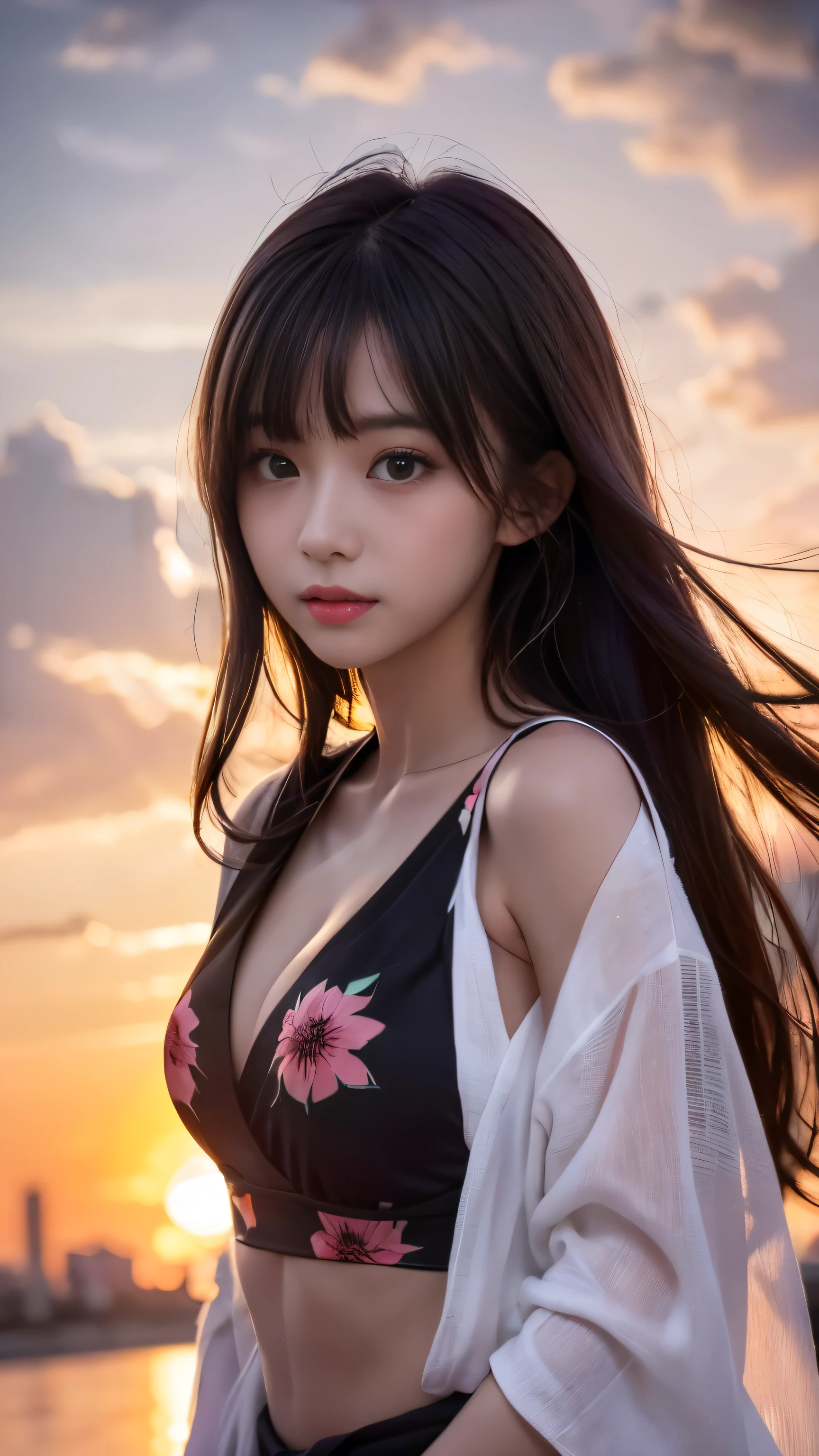 (logo、masterpiece、8K、table top、Raw photo、wonderful、最high quality、Photorealistic and very detailed CG integrated 8k wallpaper、high quality、very detailed、narrative poem、particle effects、dynamic effects、Depth of the bounds written、cinematic light、Lens flare、ray tracing)、fantasy、 (1 beautiful woman、dress、dress、cherry blossom pattern、black haired、beautiful face、real face、beautiful details eyes beautiful skin)、My hair dances in the wind、Hair flutters in Wind、hair bounces、pink cherry tree、petals dance、SakuraFubuki、Spectacular view、sunrise、sun on background、Wind、