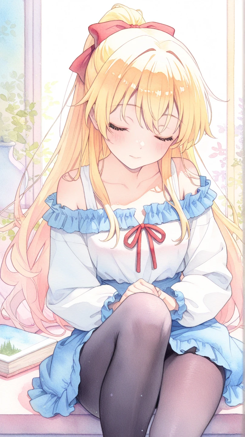 gazing at viewer, long blonde hair, yellow off-shoulder blouse, eyes browns
