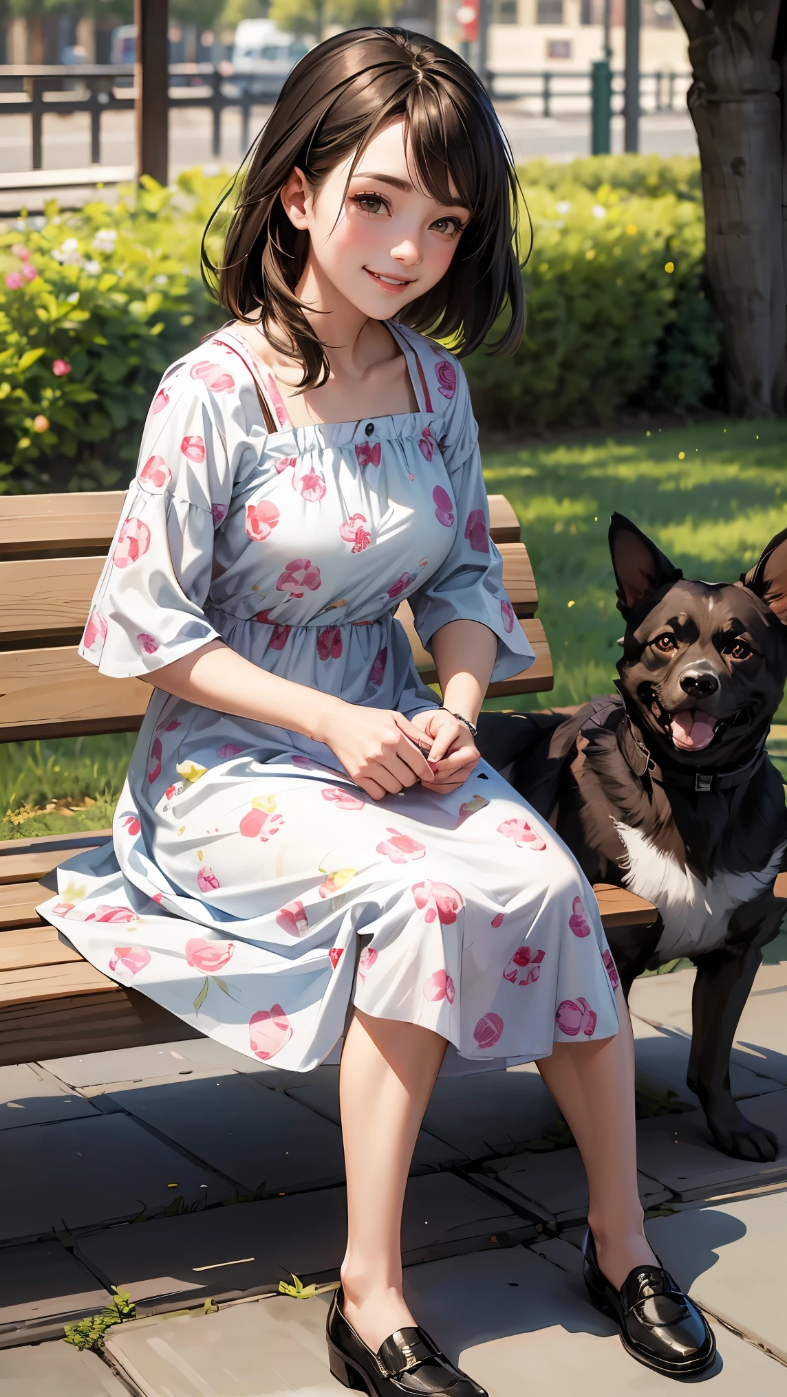 best quality, woman was sitting on a bench , summer_dress, dogs printed in the dress、Looking at the dog and smiling