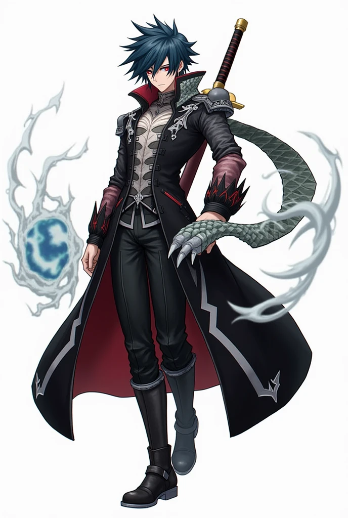 Character Appearance:

Hair: The character has short, wild, and spiky black hair, giving him a fierce, unkempt look. His hair flares outward dramatically, adding to the intensity of his dynamic pose.

Eyes & Expression: His eyes are crimson red



Outfit Details:

1. Coat (Long black Trench Coat):

Color & Material: black with subtle red shine, suggesting a high-quality, heavy fabric. It moves dramatically during combat, with great physics and weight.

Design & Tailoring:

The coat is long and reaches past his knees, flaring out like a cape when he moves.

It features prominent silver embroidery in angular, almost lightning-shaped patterns along the chest, shoulders, sleeves, and back.

The embroidery has a metallic quality—bright silver that stands out sharply against the black color.

The shoulders are sharply structured, giving him a broader and more imposing silhouette.

The collar is high, standing upright and stiff around his neck, adding a regal, militaristic edge.


Back: The back of the coat also features intricate silver detailing, almost symmetrical like a ceremonial design or sigil, contributing to the mystical vibe.



---

2. Undershirt / Inner Layer:

Color & Style: Black, form-fitting, and minimally detailed. It serves as a practical base layer, tight to the body to contrast the looser, flowing coat.

It has a high neck and long sleeves, giving it a tactical, ninja-like vibe underneath the ornate coat.



---

3. Pants:

Color: Black, matching the tone of the upper half.

Fit: Slim, but not skin-tight. Tailored for movement—allowing agility in combat.

Design: No heavy embellishments—sleek and practical. He moves like a swordsman, so the pants are designed not to get in the way.



---

4. Boots:

Style: Knee-high black boots with 