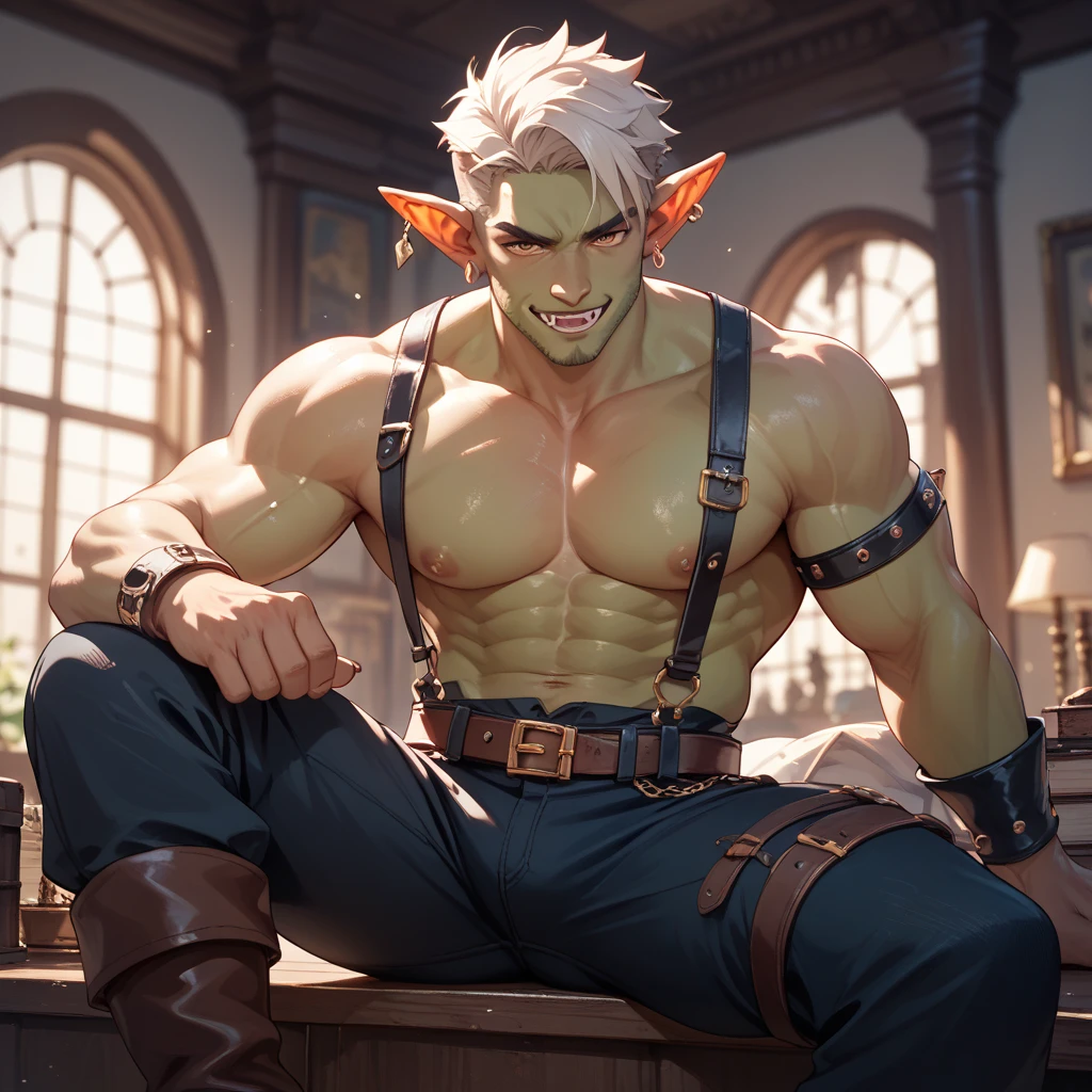 (dark-skinned male:1.8),(masterpiece, ultra-detailed:1.1),pectorals, large pectorals, short hair,looking at ,short hair, green eyes, (abs), (((elf))), masterpiece, best quality, (looking at viewer), muscular, self deconstruction, neon futuristic, surreal surreal, dreamscape , award-winning masterpiece of incredible detail, liminal space, hooded cloak, weapon, sunglasses, (silver chain), armor, smile, happy, (jockstrap:1.5), evil, tattoo,, yaoi, indoors, ,wristband,stage lights, stage. chest tattoo, shoulder tattoo, video game, game cg, extremely detailed CG unity 8k wallpaper, 8k resolution, hyper detailed, ultra-detailed, best illumination, best lighting, ultra-HD, highres, sharp focus, pixiv masterpiece, ,chest tattoo,arm tattoo,pubic tattoo,white hair,blue eyes,(pointy_ears:1.5),,(elf:1.6),handsome face, 1boy, solo, mature, muscular, mature male, (thick thighs:1.3), looking book, blue eyes,(male focus:1.2),club,setting,cowboy shot, sfw, twink, sharp focus, abs, bara, biceps, large_pectorals, short_hair, evil smile, Looking at the book, large pectorals, male focus, ( muscular:1.2), short hair, ,depth of field, best quality,