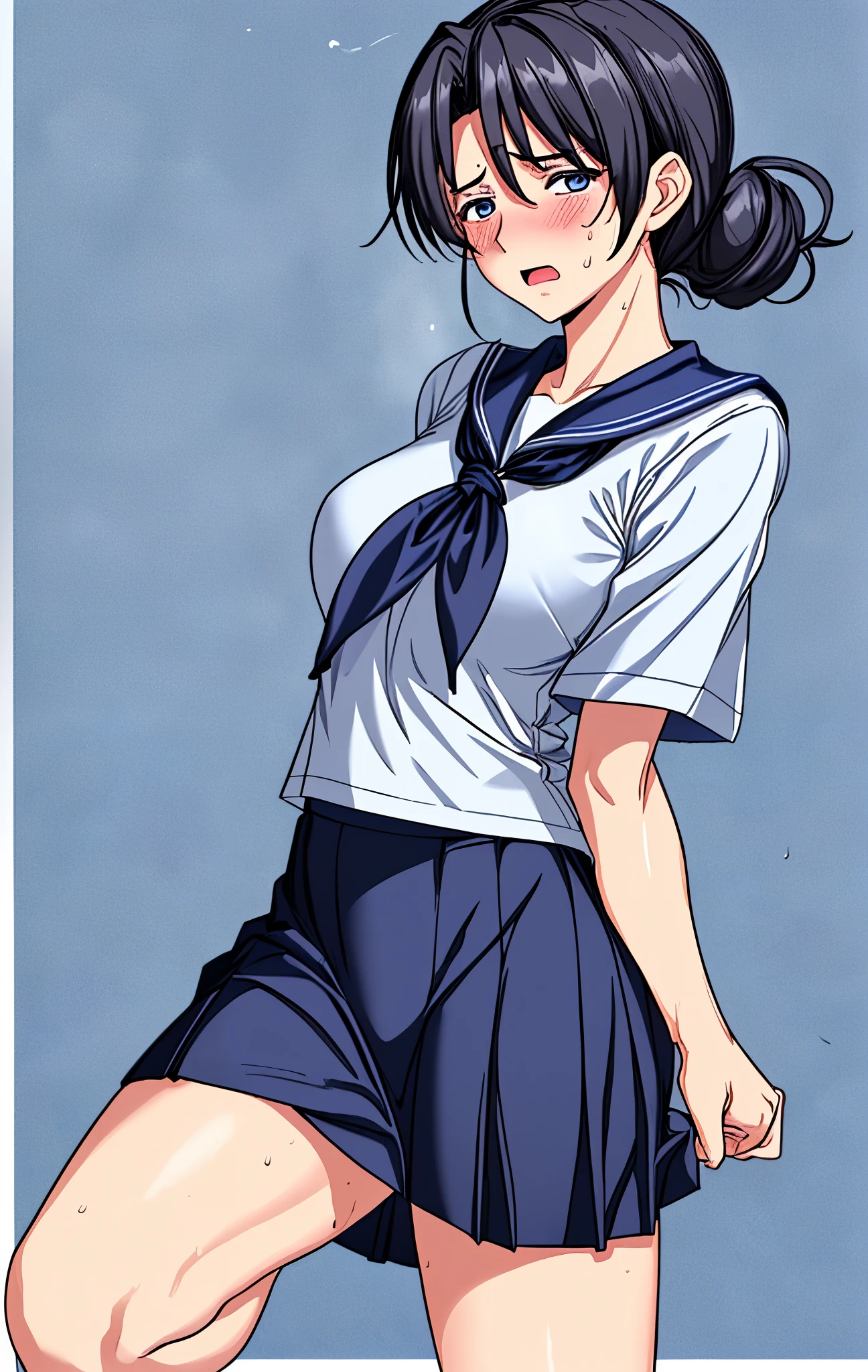 Age 50、mature woman、black hair、Hair tied up、Blue Eyes、My face is sweaty 、My arms and legs are sweaty、and my whole body is sweaty、very embarrassing expression、Wearing a white and navy blue short-sleeved sailor suit、very short skirt、school background、