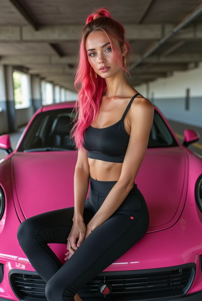 girl with long curly blonde-green hair, sports shorts, white top, nipples visible, standing by a pink Toyota Supra, night parking