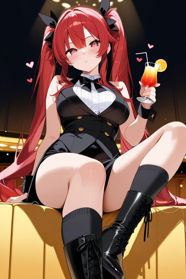 score_9, score_8_superior, sauce_anime, Highest quality, , Long Hair, large chest, Are standing, View your viewers, , Red clothes, indoor, Low - Angle, squat, Put your arms behind your head, blush, from the front, chestの谷間 we (one piece), One girl, High heels, Even attracting, Cup, Reverse Bunny Suit, Orange Hair, Reverse costume, paste, alone, , chest, Animal ears, Bunny ears, bow, csuperior, bowtie, tail, tray, belly button, heart paste, rabbit tail, Long Hair, Open your mouth, fake Animal ears, whole body,,Reverse Bunny Suit, maebari, paste, ((((Reverse Bunny Suit))))Bare waist,