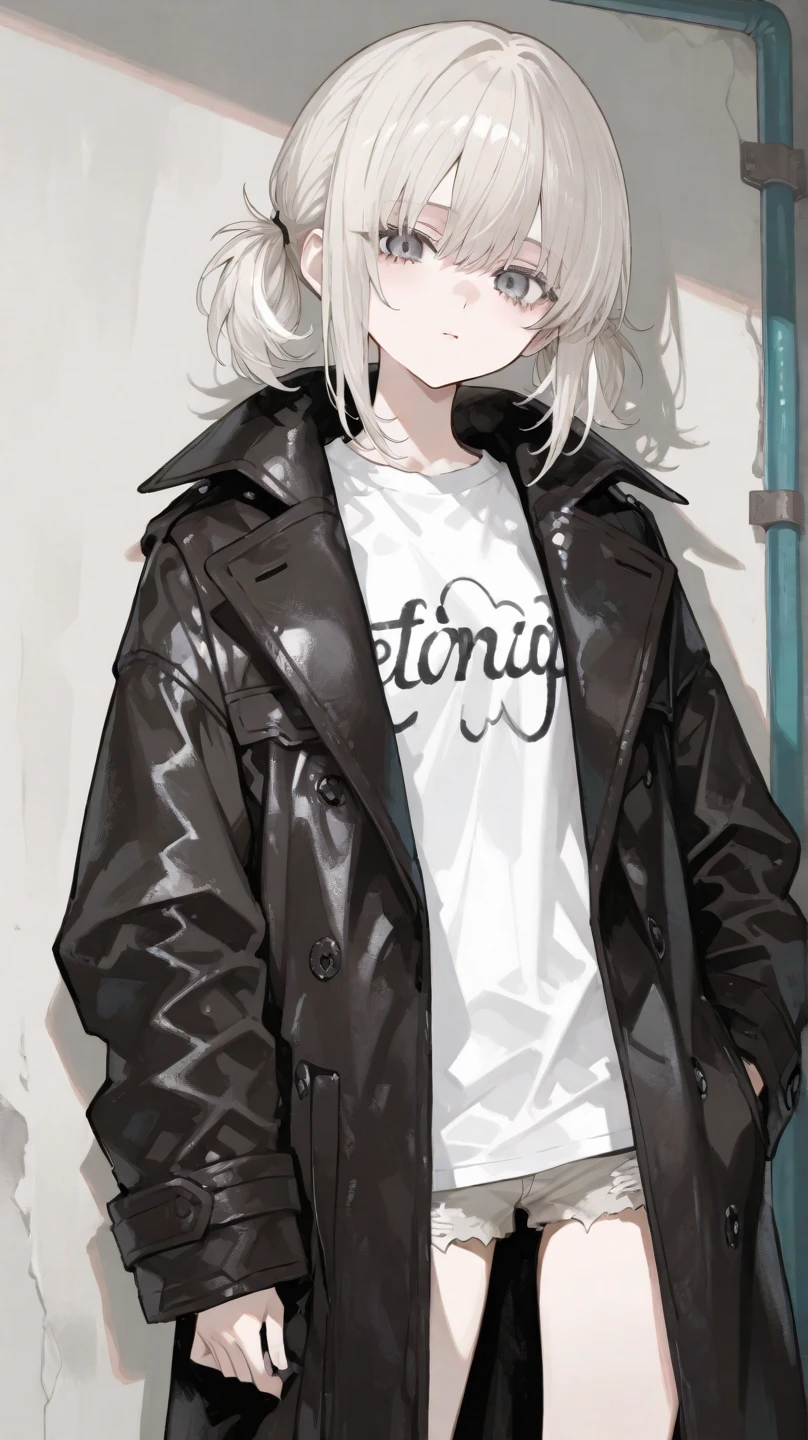 ((very tall girl)), 1 girl, full height, black very short hair, small breasts, in a long ((((black)))) leather raincoat, raincoat unbuttoned, small breasts, gray eyes, smiling, T-shirt and pants under the raincoat, holding a long shovel in his hand, 1 girl in the frame, black raincoat, 1 shovel, gloomy background