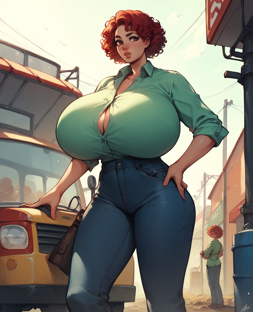 milf, 1 girl,  with ((((( huge fake breasts：46.7 )))), mature woman, heavy breasts, long hair, tied hair, red hair, light skinned woman, printed dress, cropped top, thick dress, pantyhose under dress, scarf violet, orange eyes, big ass, curvy waist, breasts resting on arms, arms under breasts, looking at viewer, blushing face, edges of bra on dress, sensual cleavage, in city park, holding bag shopping, full breasts, breasts bigger than your head, mature face, curvy woman