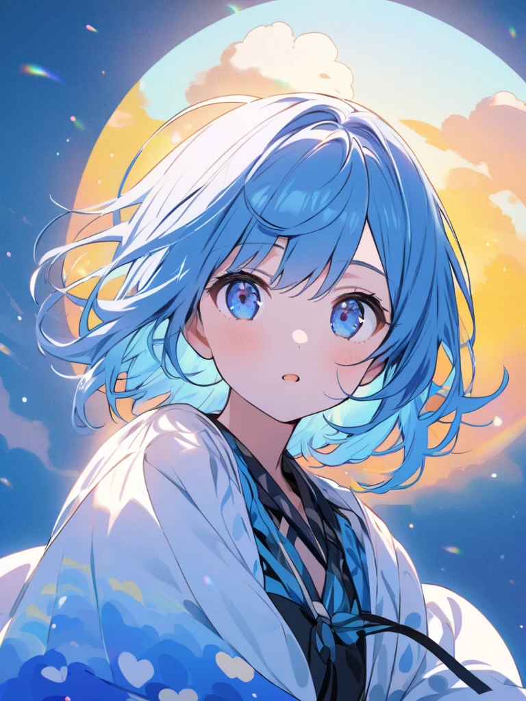 ((masterpiece)), (((best quality))), ((ultra-detailed)), ((illustration)),[realism light effect],shadow,(Fantasy style),(white background:1.6),simple background, (earth theme),(a cloak)[(hair focus,((1girl)),[(big slime hair): (cloud hair):0.3], (hair on background),(high saturation),(hair Surrounded by galaxy splash),)): ((her hair is turning into galaxy cloud,: 1.27628), (hair and clothes are galaxy cloud and star cluster: 1.1025), (cloak is turning into galaxy cloud) (colorful_galaxy_print_clusters_of_stars_print: 1.35) ,((detailed starry sky with colorful galaxies and galactic clouds):1.2)):0.35], (((masterpiece))),(((best quality))),((ultra-detailed)),(illustration) , (dynamic angle),((floating)),(paint),((stray hair)),((beautiful detail face)),collar,strap shoulders,((colored hair)),((striped hair )),beautiful detailed eyes,(gradient eyes),(((colored eyes))),(((colored background))),(((high saturation))),(((surrounded by color splashes) )),(((surrounded by colored dots))),colored bubbles,((shiny)),good-looking hands