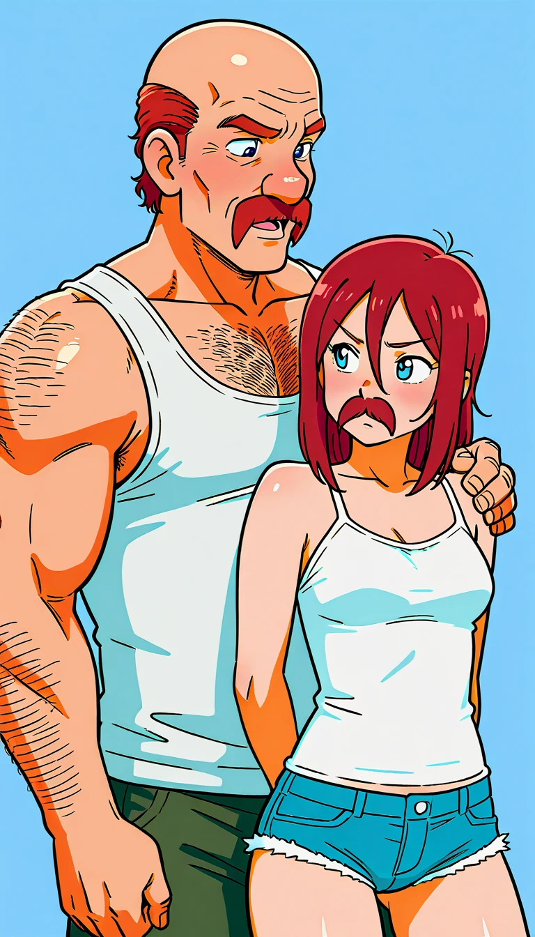 Photorealistic skimpy couple of a curvy girl lifted and comforted in arms of TOPLESS GIANT HYPERSIZED TALL TOPLESS hypermuscular guy .ABSOLUTELY HYPER OVERSIZED guy. hyper size difference between guy and girl .guy wears black shoes .Girl leaning on muscular biceps.Girl moaning .GUY LIFTING GIRL with both hands .LIFTING HIGH IN AIR.AGGRESSION.EMBRACE