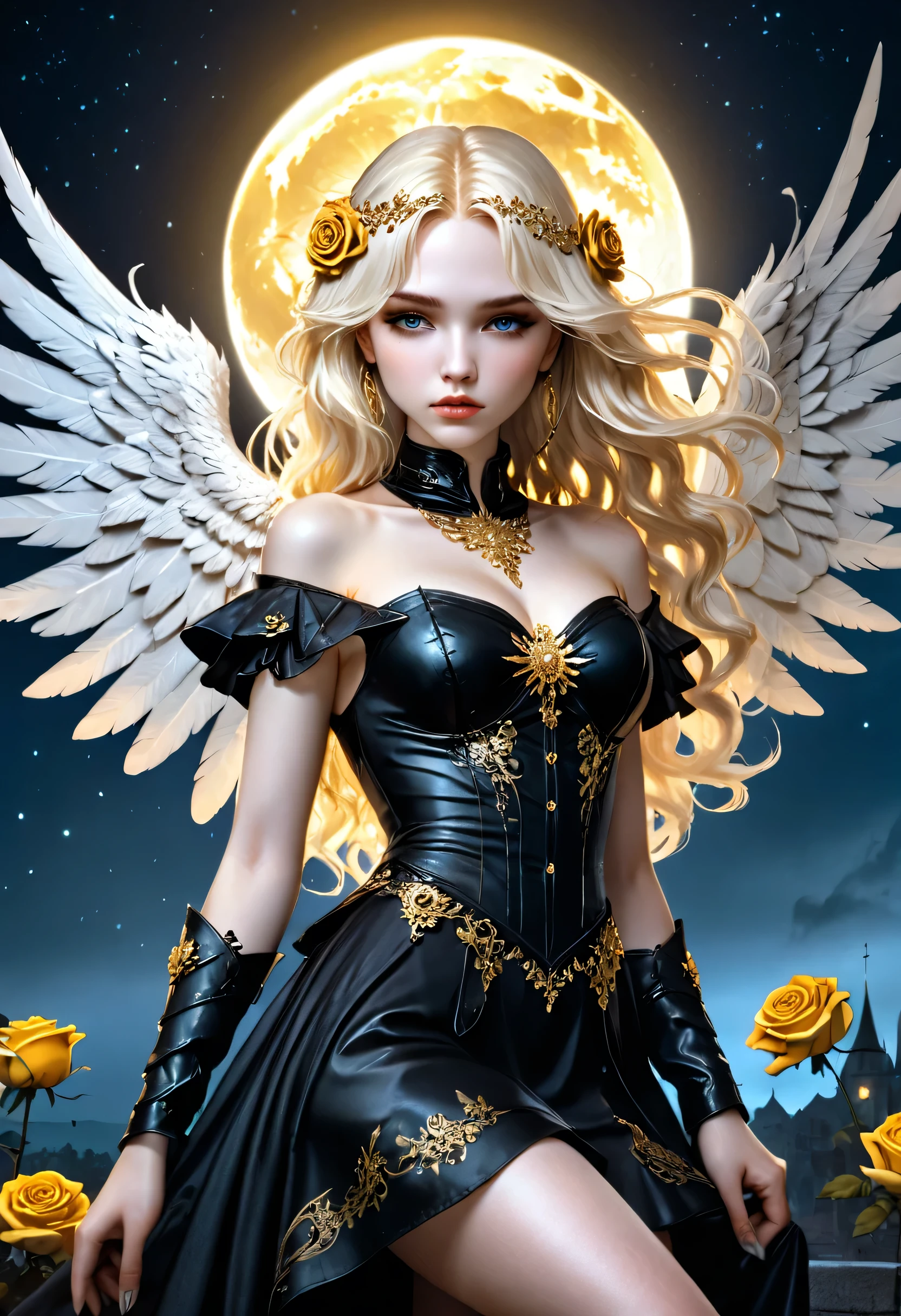 Dark fantasy art, fantasy art, goth art, a picture of a woman angel, pale white skin, gold hair, Ultra detailed face, Best Detailed face, spread wings, long hair, wavy hair, blond hair, radiant eyes, blue eyes, she wears a black leather dress, delicate dress, intricate dress, there are golden flowers imprinted on the dress, gold roses, wearing high heels boots, candles light, divine glamour shot, under the night sky, full moon, Cinematic Shot, fantasy, LOAsuccXL, strapless, anime