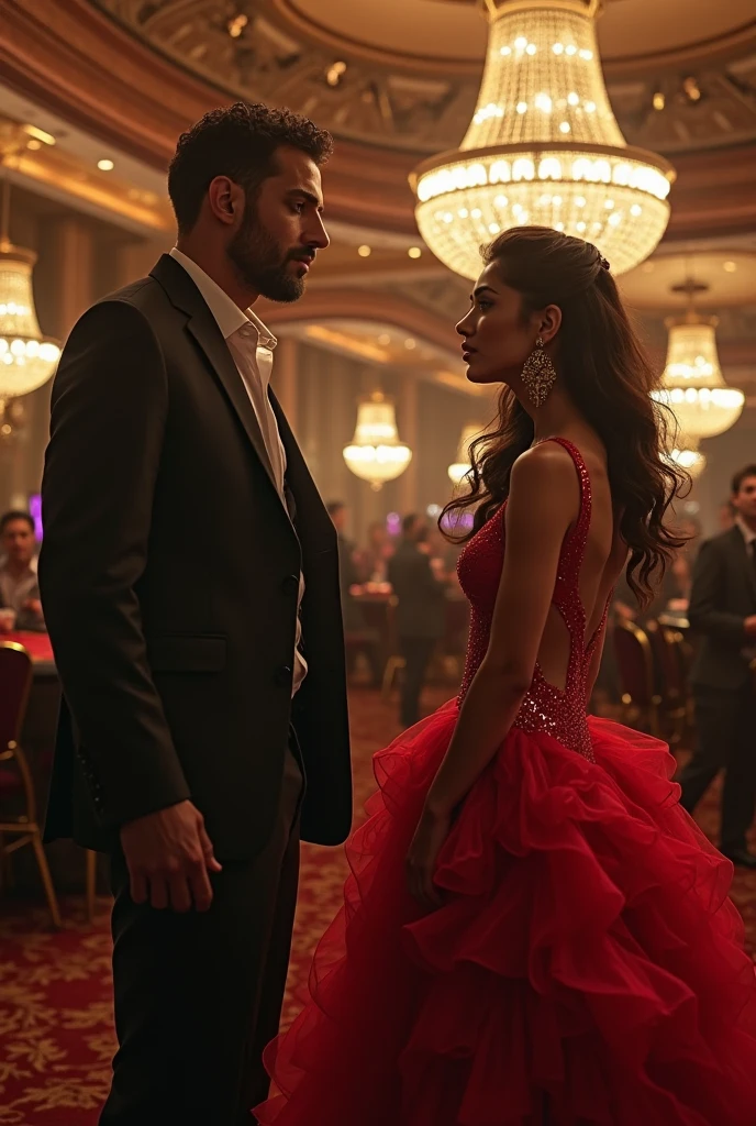 A striking figure is blending divided down the middle, with one half representing a woman and the other a man. (The face is a plausible and well-balanced mix of male and female features, perfectly harmonizing the two aspects into one unified, yet intriguingly ambiguous expression). The female half is elegantly dressed in a flowing, red evening gown with delicate lace detailing along the neckline and sleeves. White undershirt. Her hair is styled in soft curls, and she wears a single earring that sparkles in the light. The male half is dressed in a sharp, red tuxedo with a crisp white shirt and a bow tie. Tuxedo mix with dress and shirt with undershirt. His hair is neatly combed, and he sports a polished black shoe. duality of gender in a single person, embodying both genders in perfect harmony. figure stands in the midst of a crowded bar. The bar is lively, with people chatting and glasses clinking, dim lighting casting warm hues over the scene. 