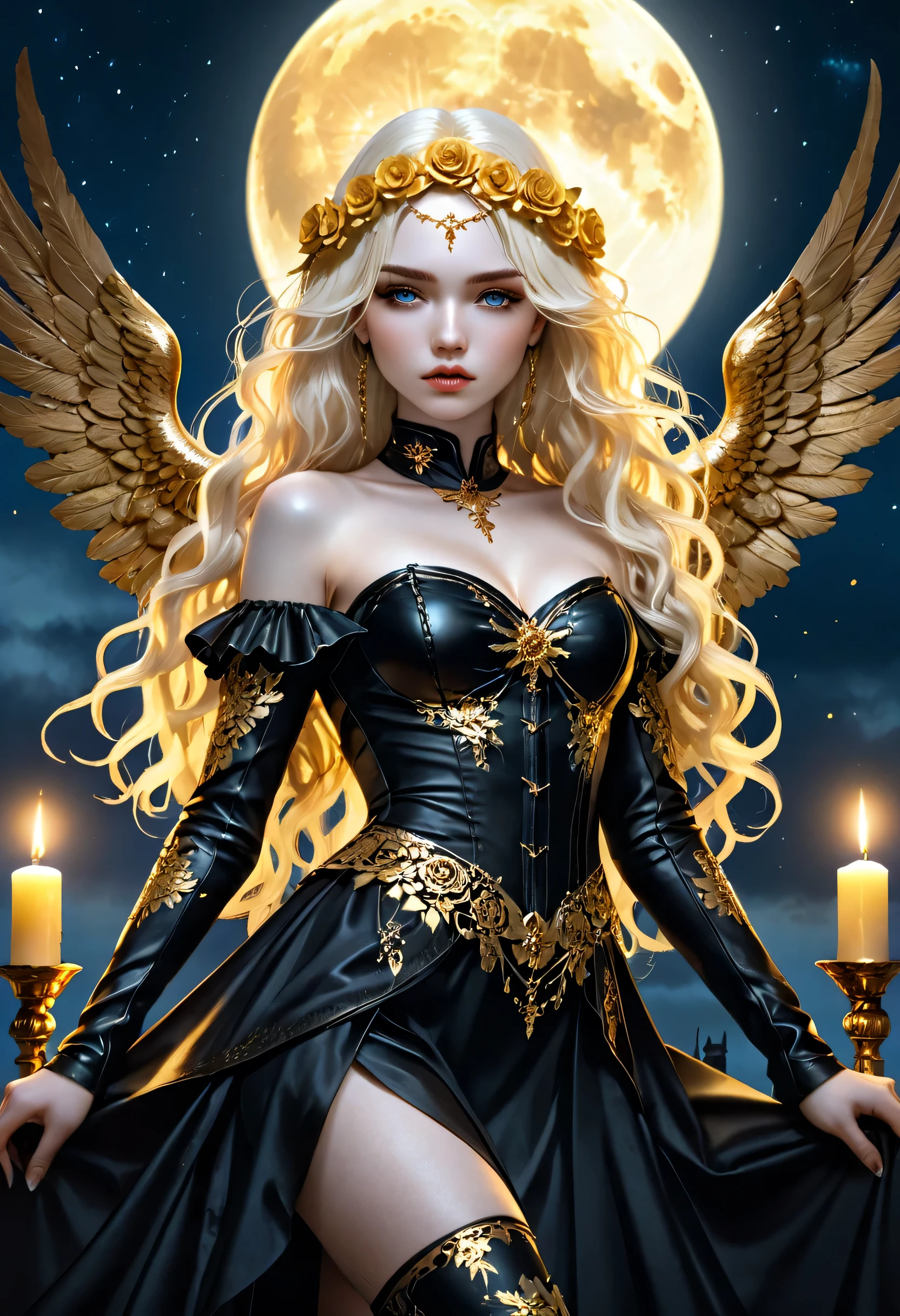 Dark fantasy art, fantasy art, goth art, a picture of a woman angel, pale white skin, gold hair, Ultra detailed face, Best Detailed face, spread wings, long hair, wavy hair, blond hair, radiant eyes, blue eyes, she wears a black leather dress, delicate dress, intricate dress, there are golden flowers imprinted on the dress, gold roses, wearing high heels boots, candles light, divine glamour shot, under the night sky, full moon, Cinematic Shot, fantasy, LOAsuccXL, strapless, anime