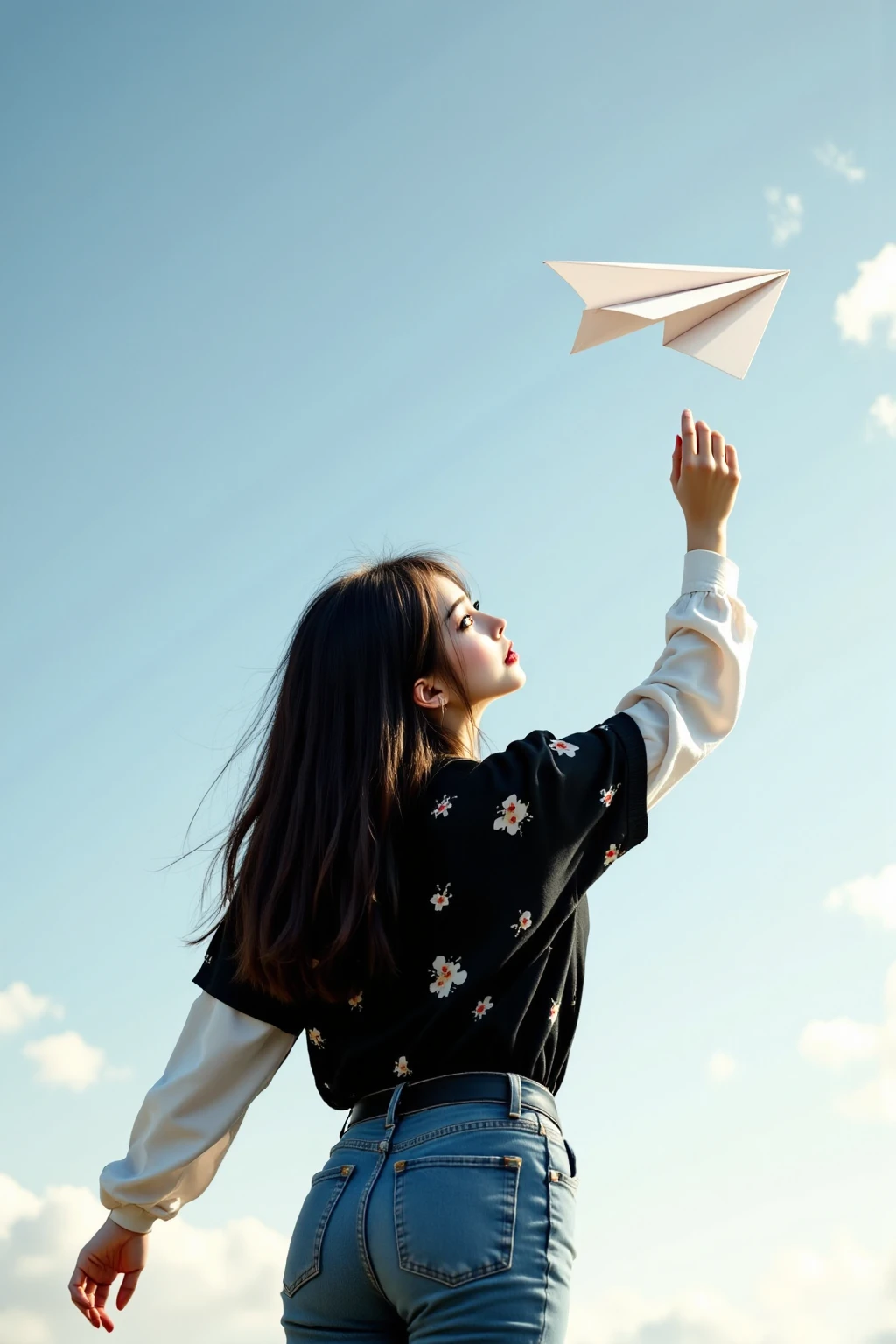 A charming woman flying a perfect paper airplane into the sky, A black shirt with a unique pattern,  skinny jeans ,  wearing a white shirt, 꽃이 아름답게 피어있는 언덕 Scenery, realistic and detailed,  Professional high-quality photo , Scenery, nature, Exquisite lighting and colors, Realistic and vivid texture expression,,Masterpiece,Bokeh effect,Superb image quality,Top quality,anatomically accurate,UHD,32K,64K,masterpiece