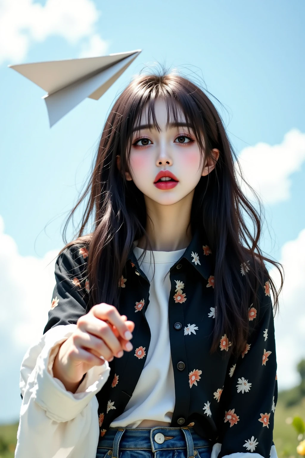 A charming woman flying a perfect paper airplane into the sky, A black shirt with a unique pattern,  skinny jeans ,  wearing a white shirt, 꽃이 아름답게 피어있는 언덕 Scenery, realistic and detailed,  Professional high-quality photo , Scenery, nature, Exquisite lighting and colors, Realistic and vivid texture expression,,Masterpiece,Bokeh effect,Superb image quality,Top quality,anatomically accurate,UHD,32K,64K,masterpiece