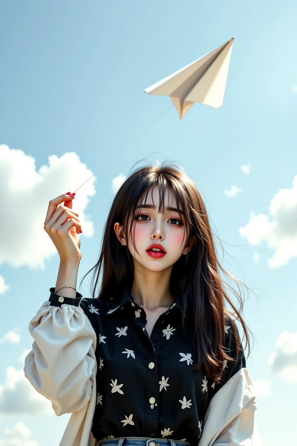 A charming woman flying a perfect paper airplane into the sky, A black shirt with a unique pattern,  skinny jeans ,  wearing a white shirt, 꽃이 아름답게 피어있는 언덕 Scenery, realistic and detailed,  Professional high-quality photo , Scenery, nature, Exquisite lighting and colors, Realistic and vivid texture expression,,Masterpiece,Bokeh effect,Superb image quality,Top quality,anatomically accurate,UHD,32K,64K,masterpiece