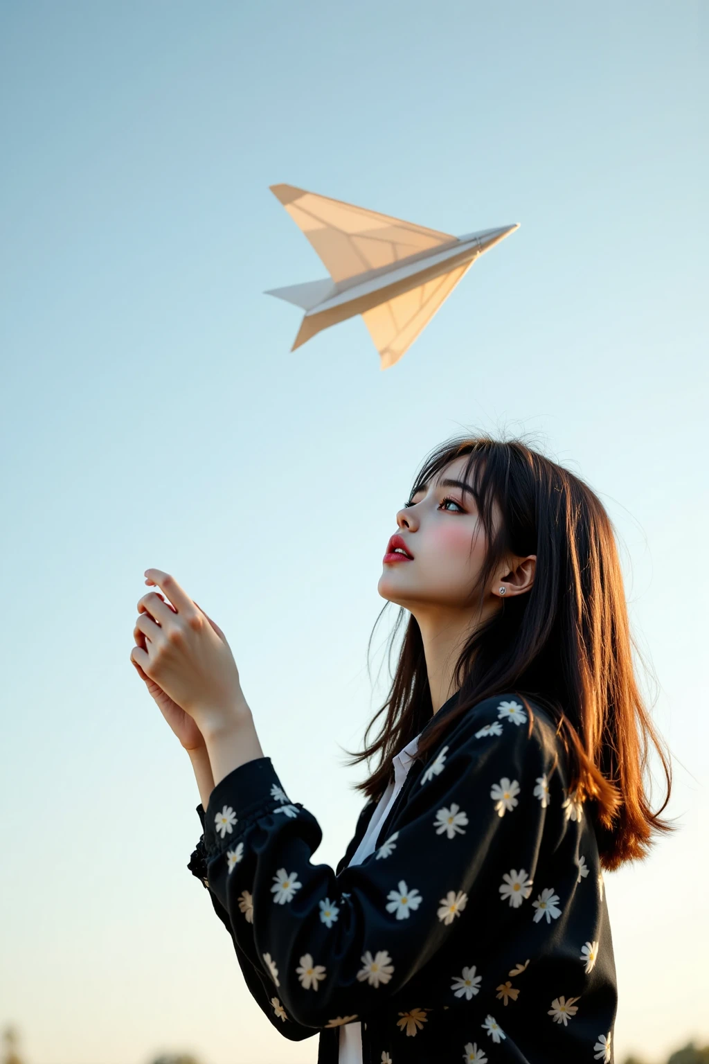 A charming woman flying a perfect paper airplane into the sky, A black shirt with a unique pattern,  skinny jeans ,  wearing a white shirt, 꽃이 아름답게 피어있는 언덕 Scenery, realistic and detailed,  Professional high-quality photo , Scenery, nature, Exquisite lighting and colors, Realistic and vivid texture expression,,Masterpiece,Bokeh effect,Superb image quality,Top quality,anatomically accurate,UHD,32K,64K,masterpiece