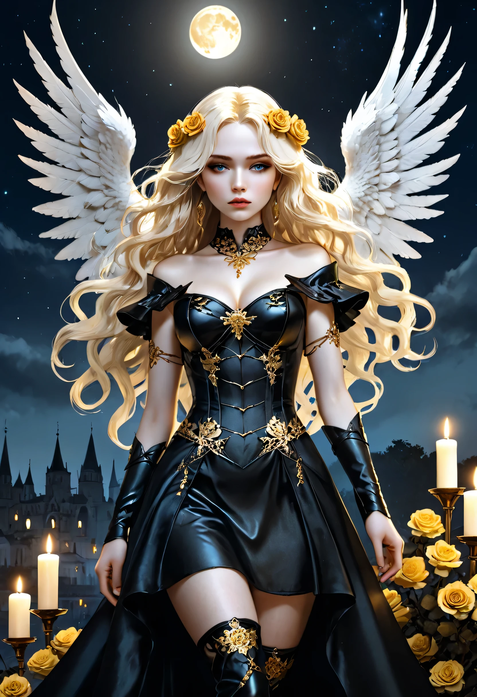 Dark fantasy art, fantasy art, goth art, a picture of a woman angel, pale white skin, gold hair, Ultra detailed face, Best Detailed face, spread wings, long hair, wavy hair, blond hair, radiant eyes, blue eyes, she wears a black leather dress, delicate dress, intricate dress,  there are golden flowers imprinted on the dress, gold roses, wearing high heels boots,  candles light, divine glamour shot, under the night sky, full moon, Cinematic Shot, fantasy, LOAsuccXL, strapless, anime