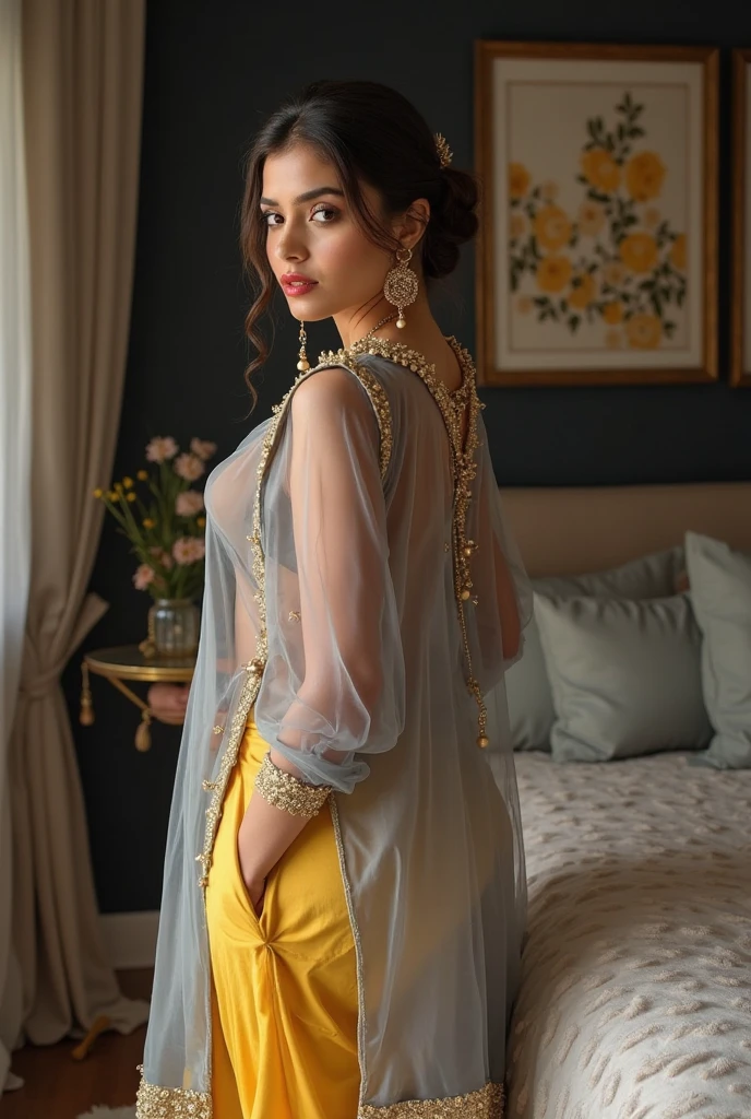 south asian facial features. girl. Should look very beautiful. pretty. Highly detailed and hyper realistic. The skin texture should be highly detailed and extremely accurate. thick black hair and brown eyes. Face must be accurate. Highly detailed face and facial features. Extremely accurate representation of face and facial features. Face should be highly detailed and hyper realistic. accurate and realistic hands.