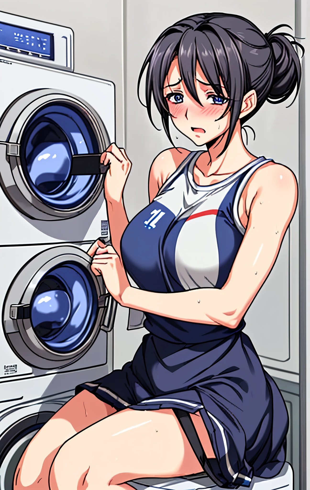 Age 50、mature woman、black hair、Hair tied up、Blue Eyes、My face is sweaty 、My arms and legs are sweaty、and my whole body is sweaty、very embarrassing expression、cheerleader clothes、miniskirt、jumping、panties on the washing machine、simple background