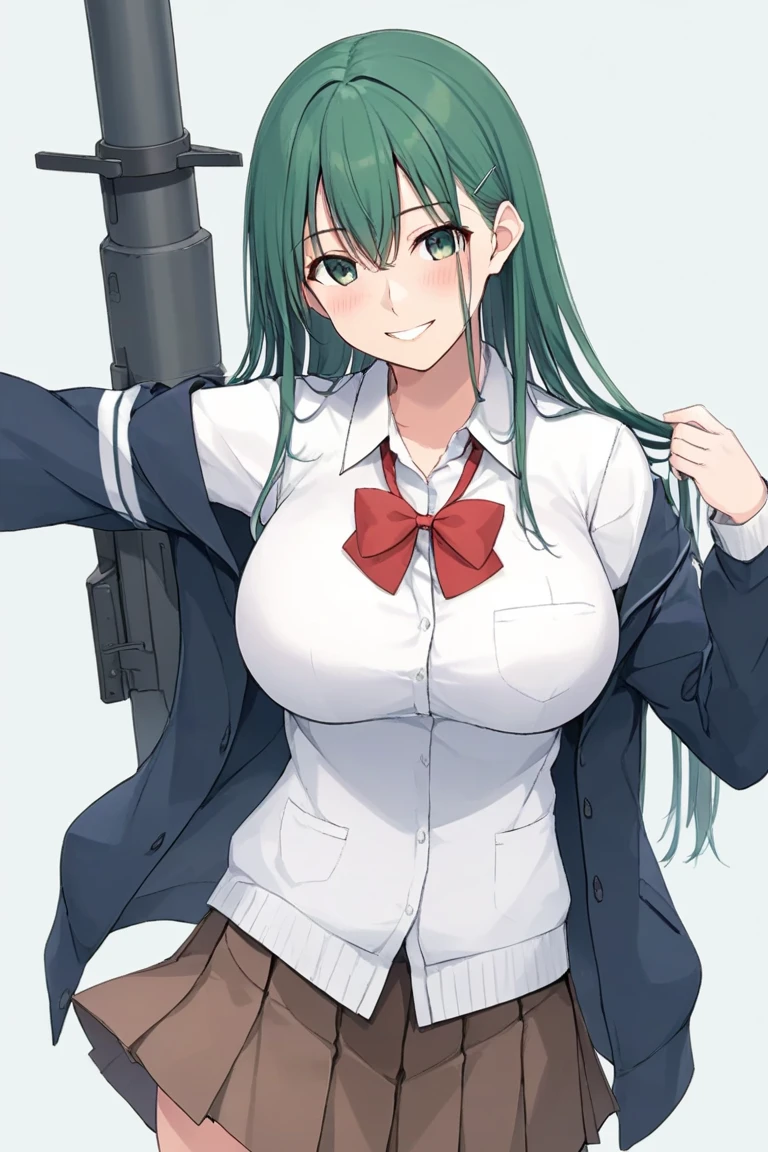 hikage (senran kagura), 1girl, green hair, tattoo, long hair, yellow eyes, large breasts, weapon, earrings, jewelry, holding, blush, lipstick, long hair, crazy eyes ,Hot girl, baddie, crazy, smoking, sensual, attractive, masterpiece, best quality, highly detailed, a anime girls in sailor uniforms with a gun posing for a picture,
evil smile, smile, open mouth,black_serafuku, ecchi anime style, anime girls , (nsfw) not safe for work,
ecchi style, ecchi, shipgirls, digital anime art!!, high school girls, holding a gun, hold a gun, anime style 4
k, micro skirt, exposed belly, exposed navel, exposed midriff,
exposed lower belly,school, classroom, navel piercing