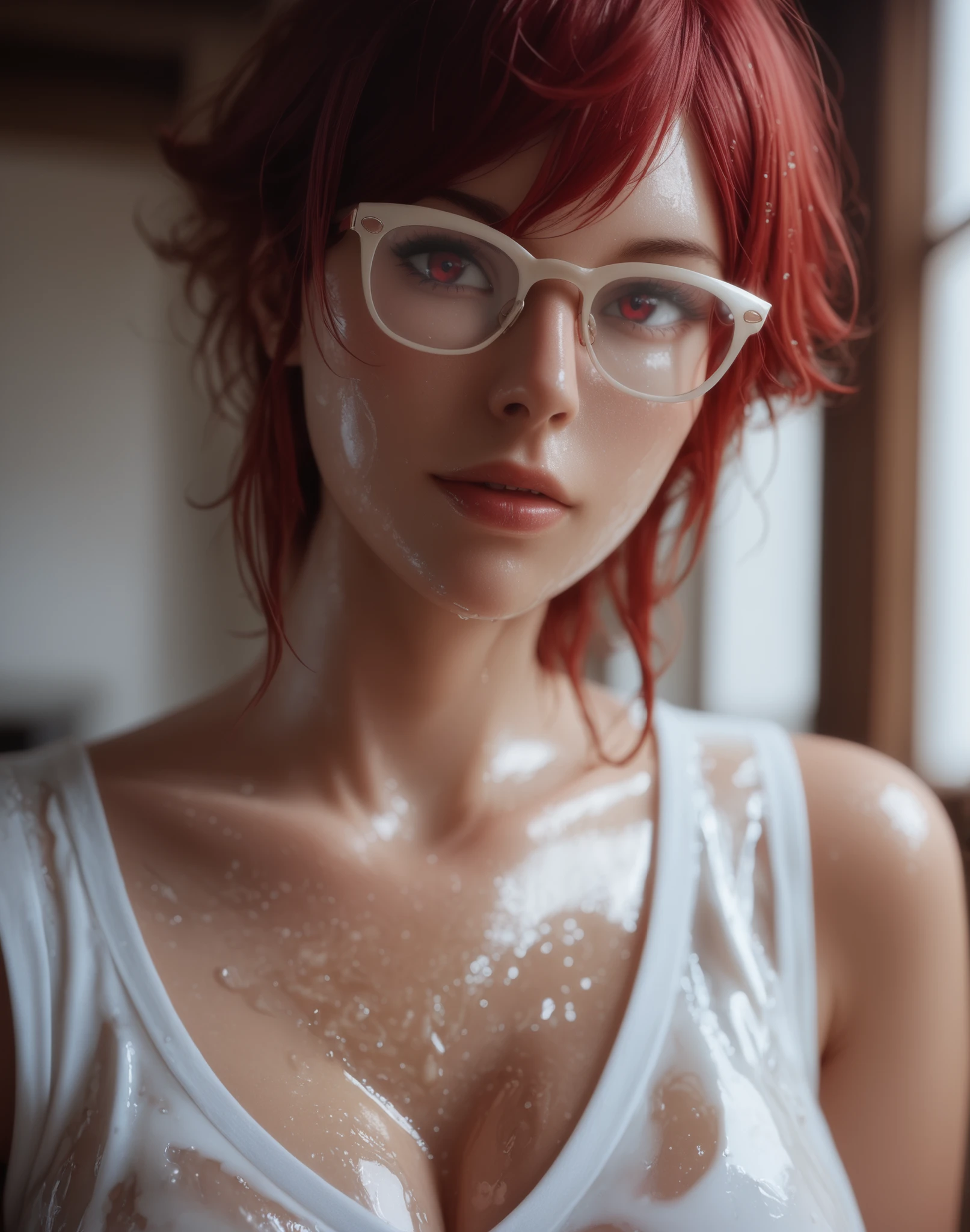 Digital art Realistic, Liquid, 5D, Sharp, smooth, clear, 8K, Detail, 1 Cute 1girl, adorable, red hair tied in 2 buns, glasses, sweet smile, seductive, red lace suit, laying on the wet bed, splash liquid background