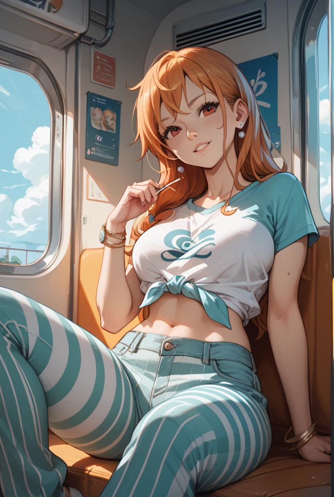 ((best quality)), ((highly detailed)), masterpiece, absurdres, (detailed eyes, deep eyes), <lora:more_details:.4>, (1girl), propped up on one elbow (\resting\), <lora:kendou_itsuka:1>, kendou itsuka, orange hair, long hair, side ponytail, green eyes, medium breasts, smiling, crop top, ((yellow shirt)), short sleeves, midriff, blue gymshorts, socks, (inside, on an elevator)