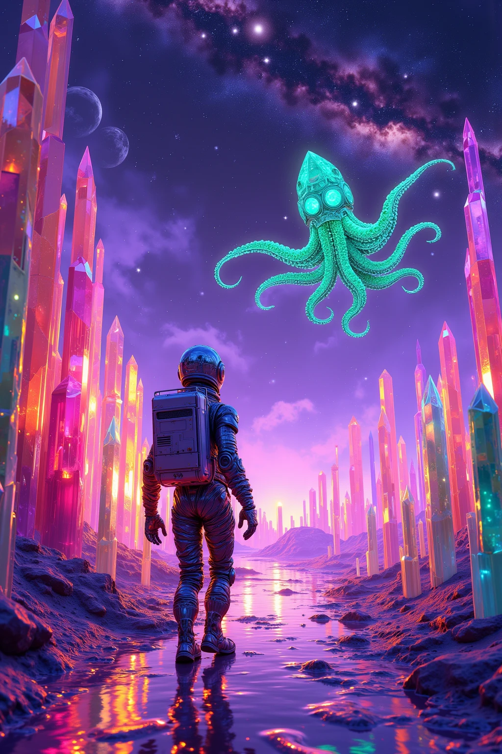 alien astronaut with a bizzare space suit, astronaut exploring a colorful crystal rock landscape, sky is purple, mysterious green glow octopus flying, background is galaxy, highly detailed, 