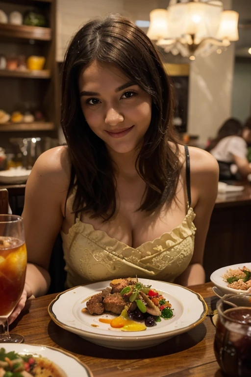 woman in lingerie, with big breasts, naked, Eating tacos at a Mexican taqueria, large eyes