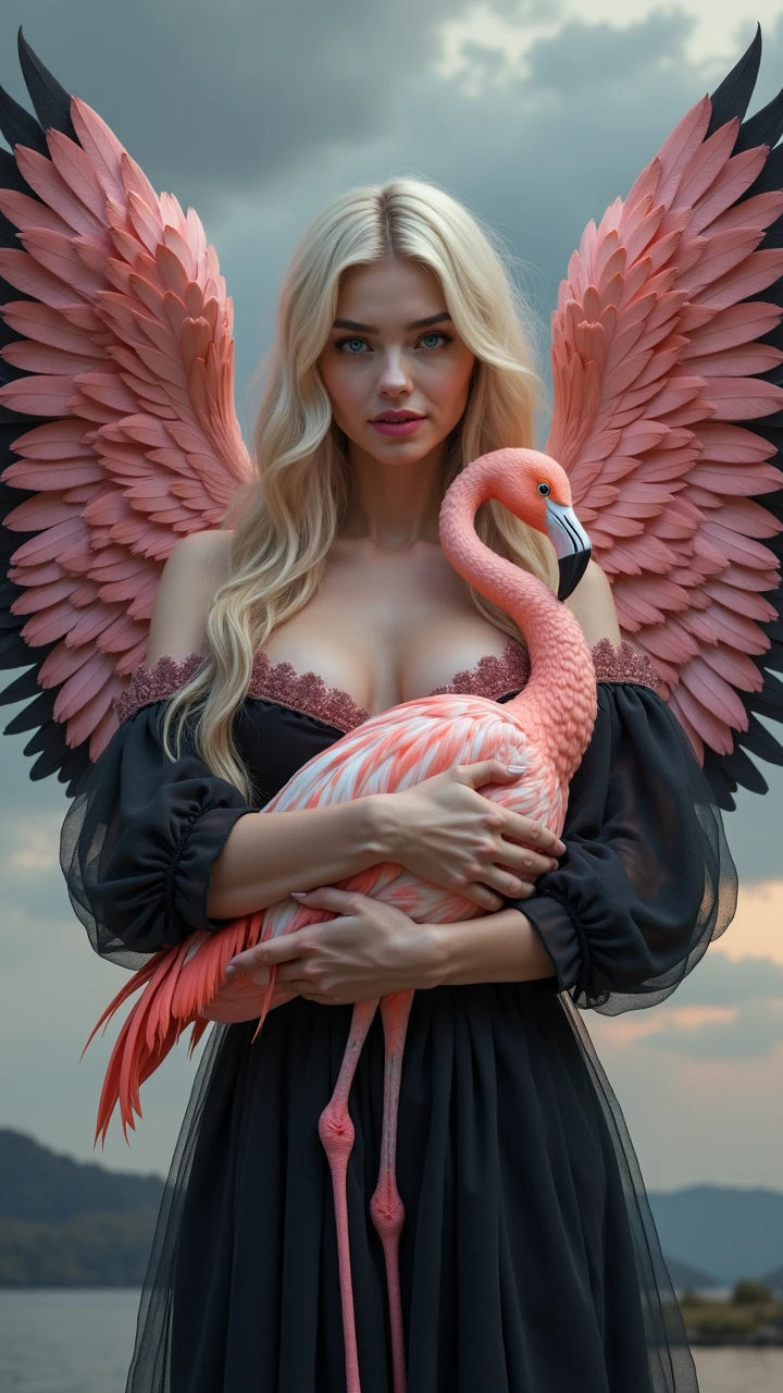 Masterpiece illustration, fantasy world, full body shot of a cute woman (slim, pale white skin, wet skin, perfect breasts, (red lips:0.5), lush silver hair) stands on thin crystal clear water surface, surrounded by thousands red paper birds flying around, lush clouds, volumetric light, giant morning sun on background, dof, bokeh
Negative prompt: people on background